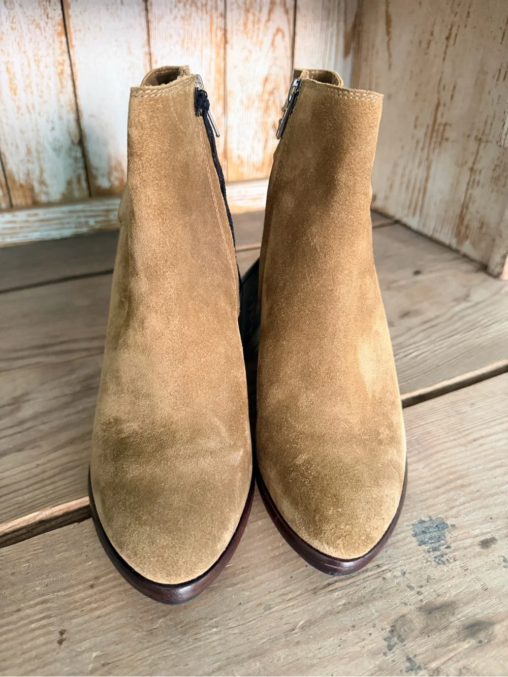 Frye Cece Tassel Suede Wedge Ankle Boots in Cognac Size 7.5